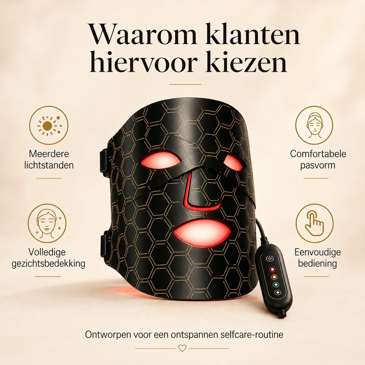 LED lichttherapie masker zwart goud - meerdere lichtstanden