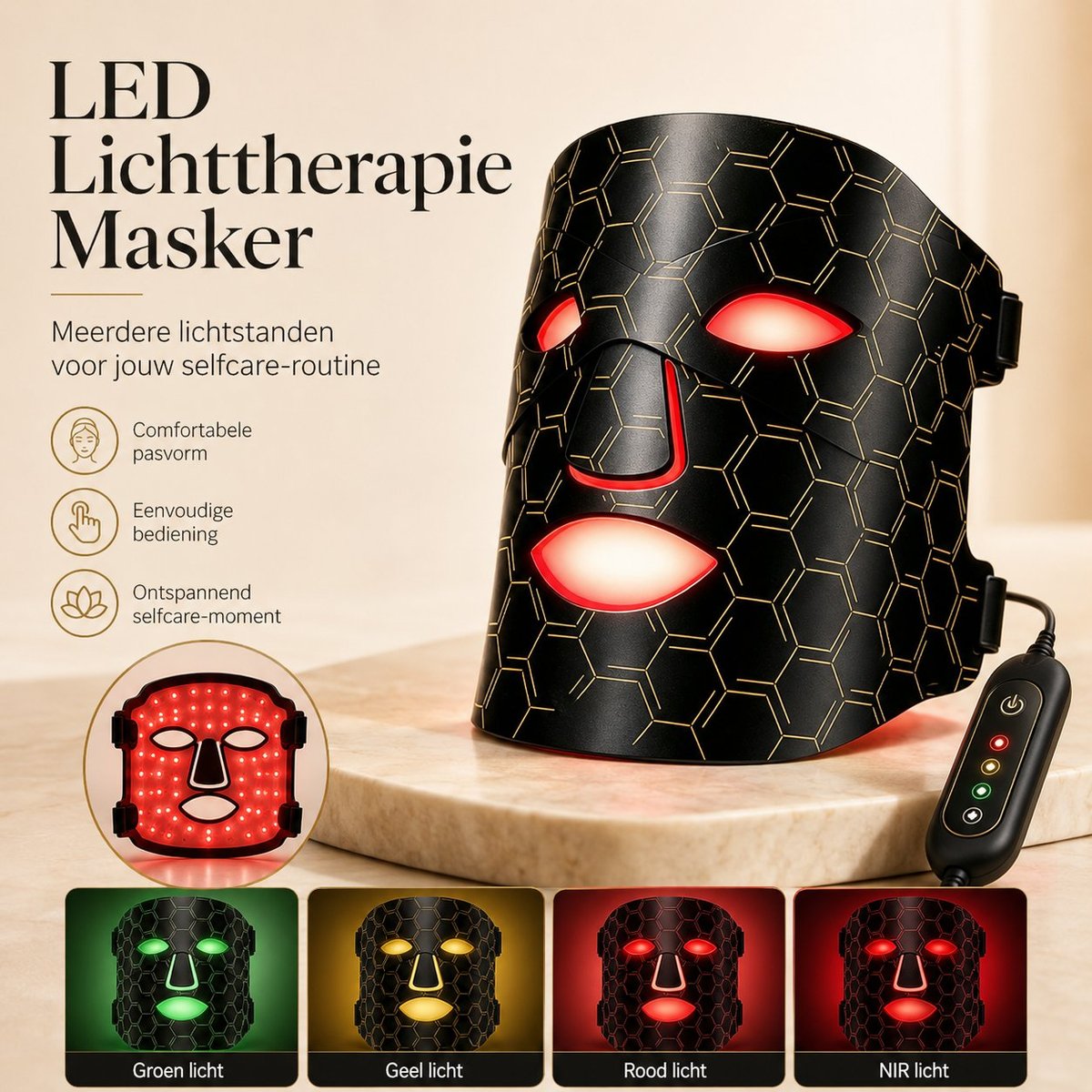 LED lichttherapie masker zwart goud - meerdere lichtstanden