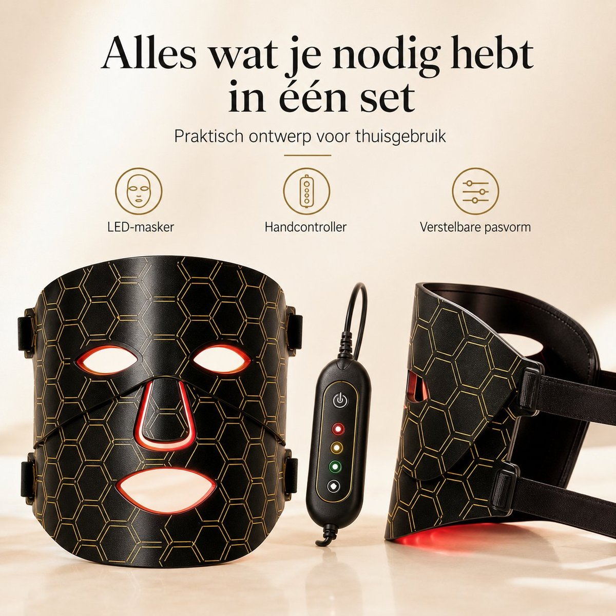 LED lichttherapie masker zwart goud - meerdere lichtstanden